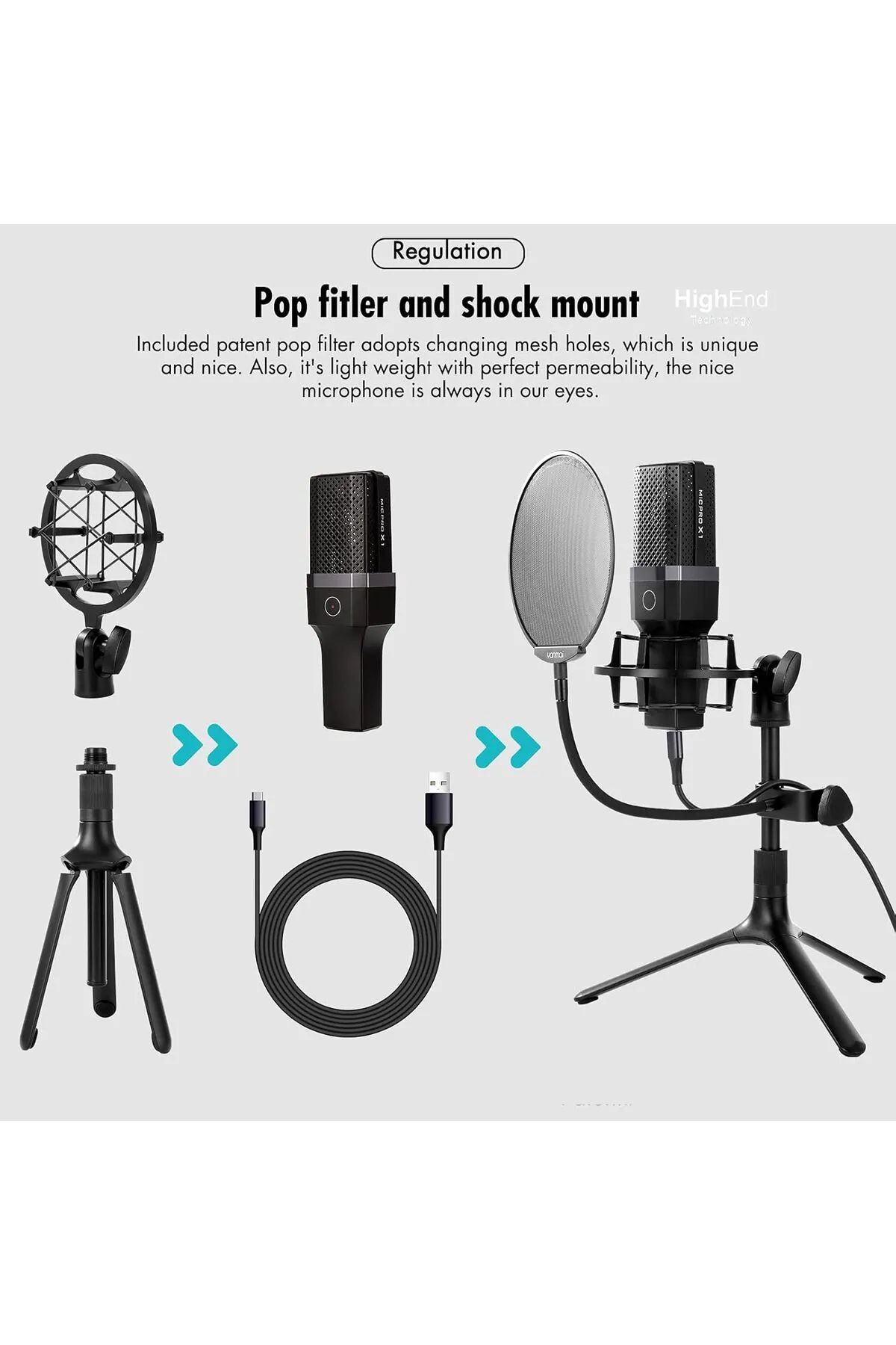  Yanmai Micpro X1 USB Mikrofon Tripod+Pop Filtre+Şok Askı Yayın Kayıt YouTube